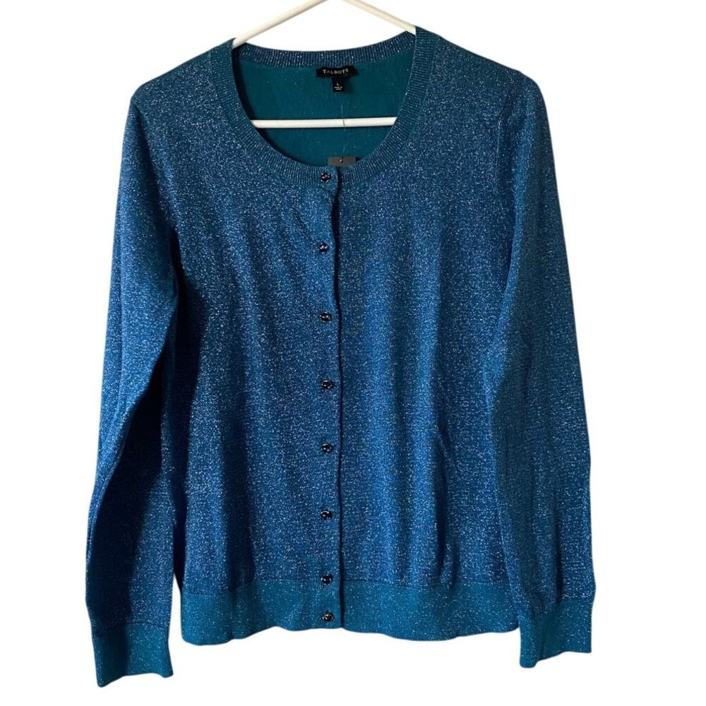 NWT Talbots Blue Glitter Metallic Jeweled Buttons Button Up Cardigan- Size Large